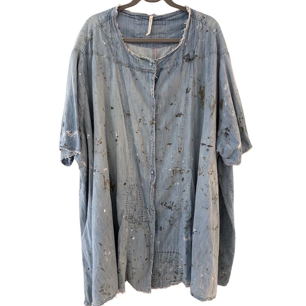 Magnolia Pearl Sanforized Star Denim Shirt Dress Oversized Paint Splatter OSFM - Picture 2 of 10